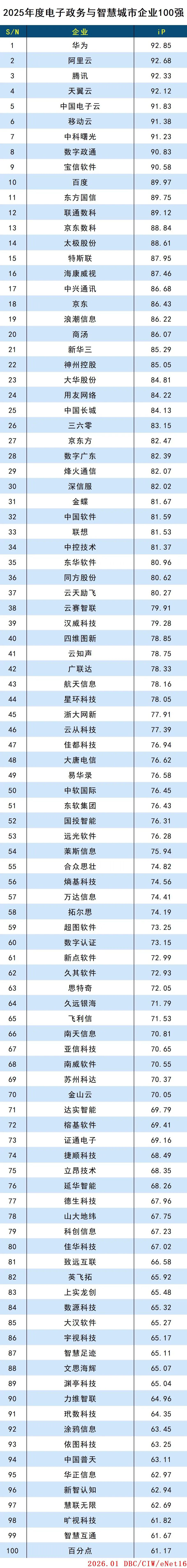 2025年度電子政務(wù)與智慧城市企業(yè)100強(qiáng)